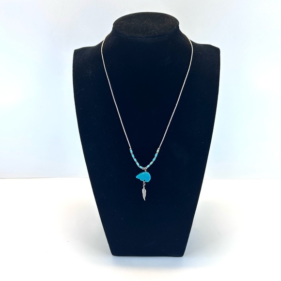 Vintage  Liquid Silver Necklace 16” Turquoise Bear Pendant Feather Sterling 925 - Picture 4 of 7